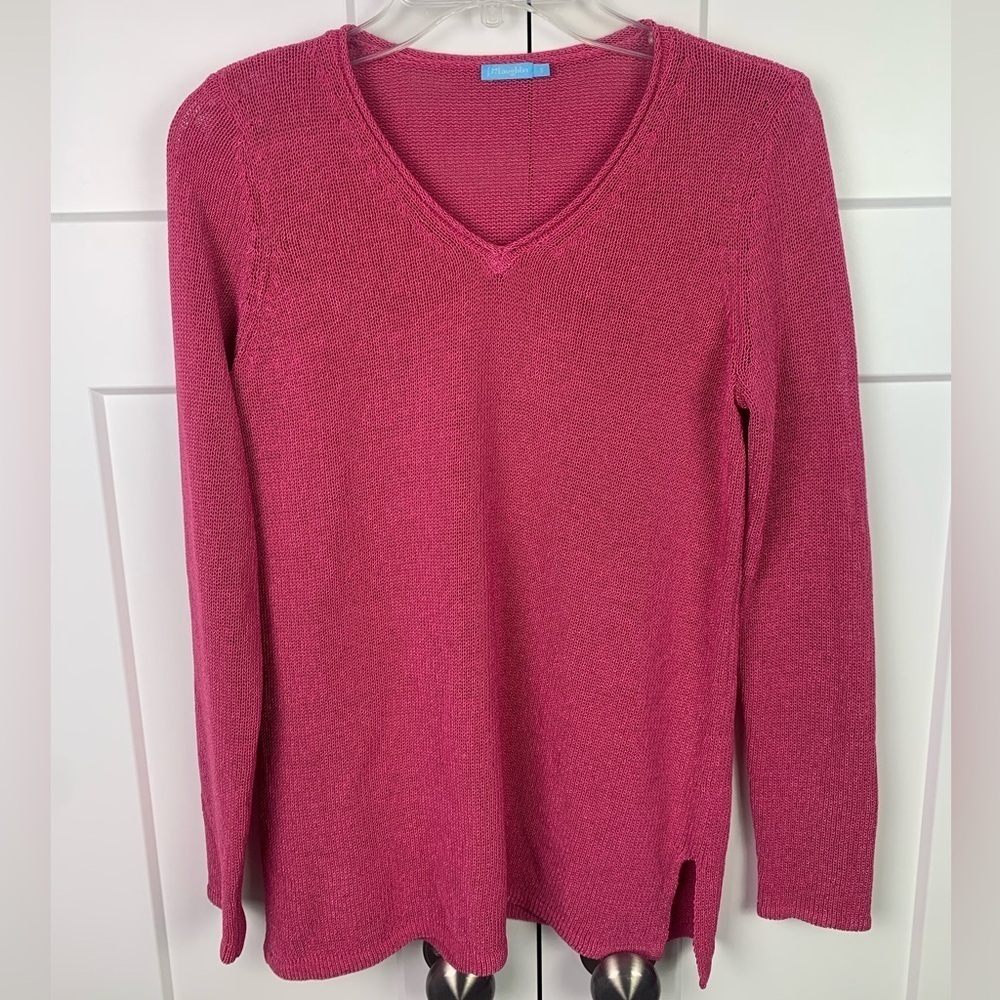 J. MCLAUGHLIN Callum Sweater SMALL V-Neck Azalea Pink Pullover Open Knit